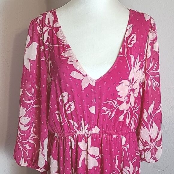 Torrid Pink & White Floral Dress with Clip-dots & Ruffle Bottom, Sz 0, Large, 12 - Picture 3 of 14